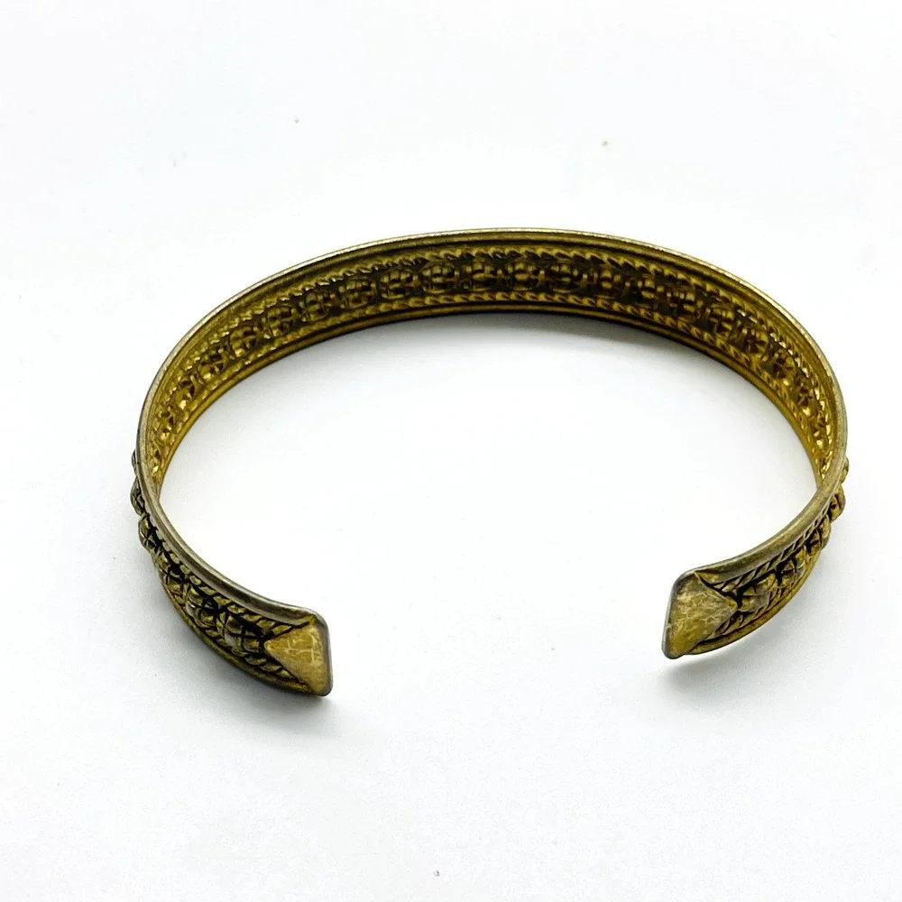 Vintage Gold Tone Cuff Bracelet Lot of 2 Etched Open Bangle Boho Statement